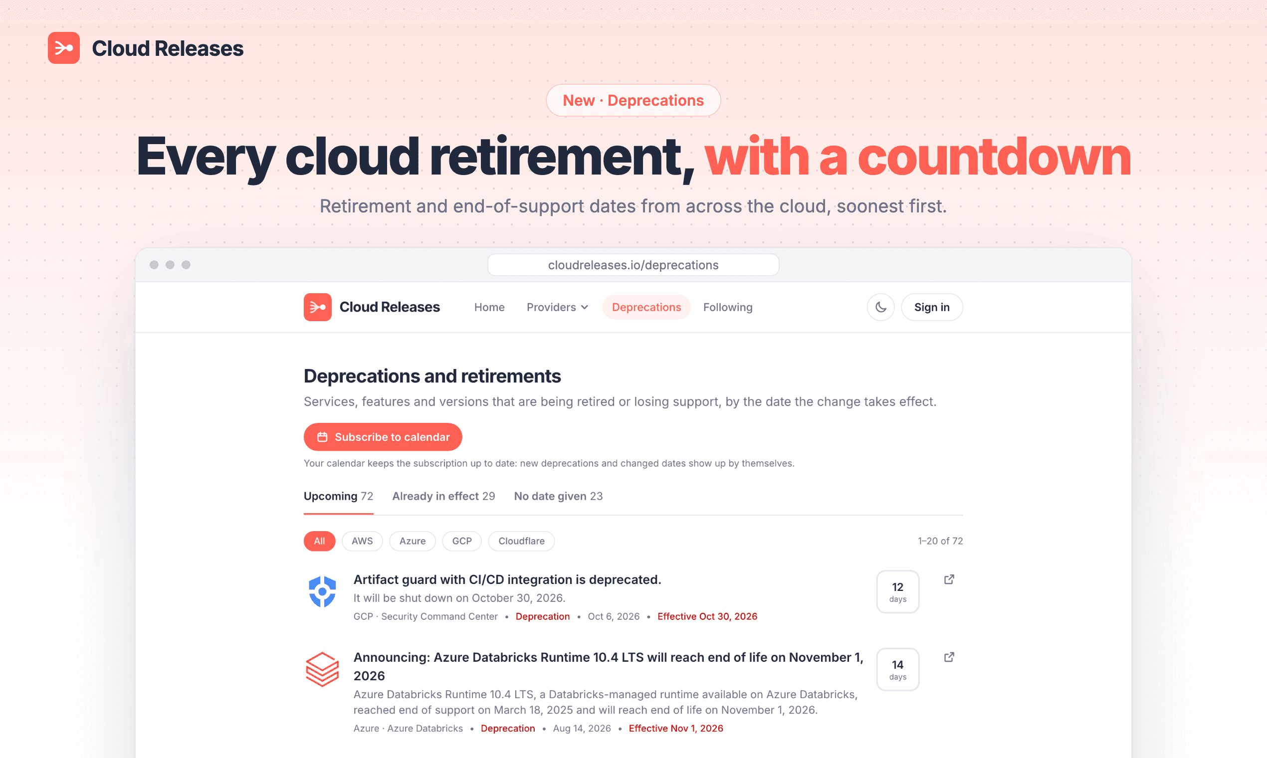The Deprecations page, listing retirements soonest first with the days left beside each