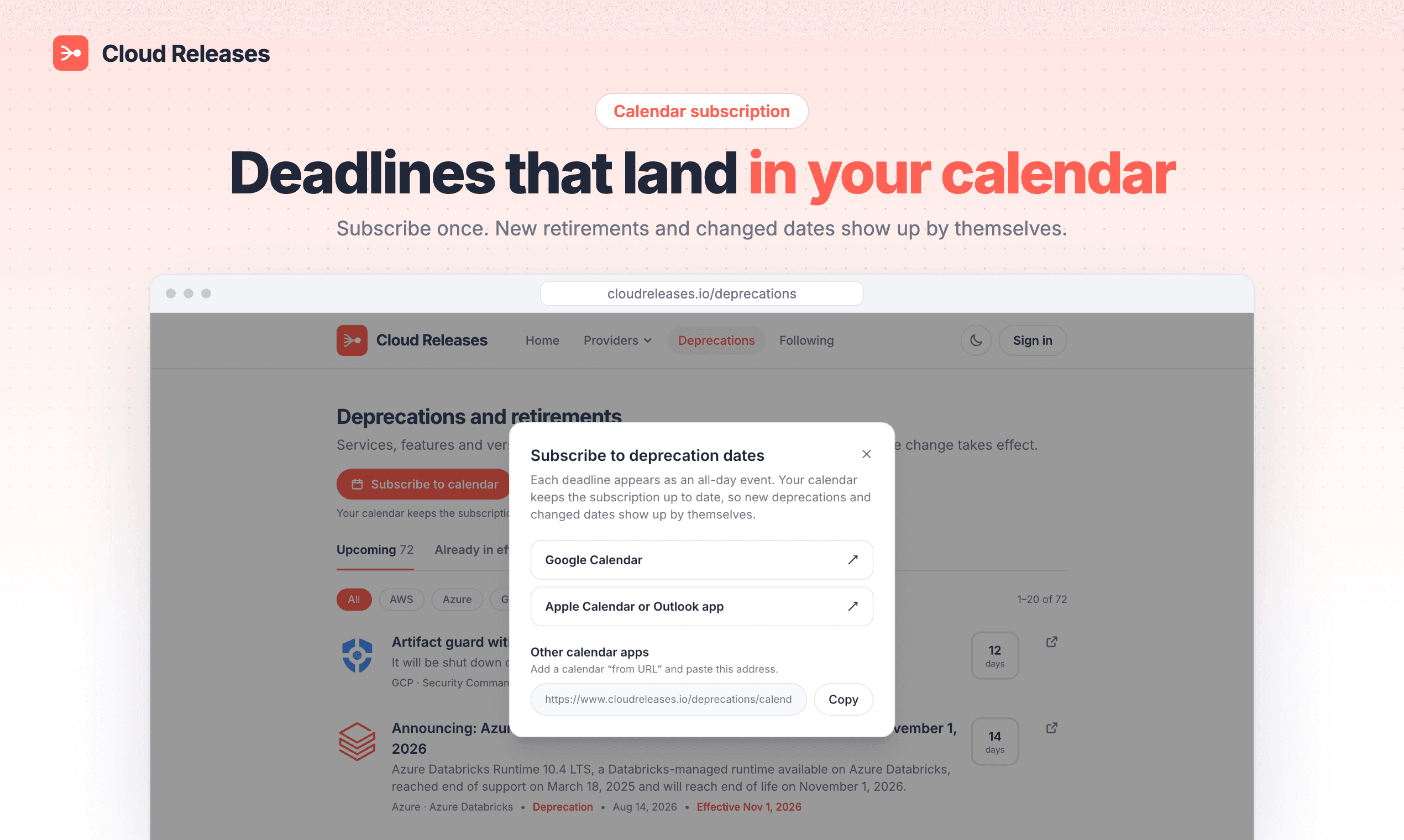 The Subscribe to calendar dialog, with Google Calendar, Apple Calendar and a calendar address to copy