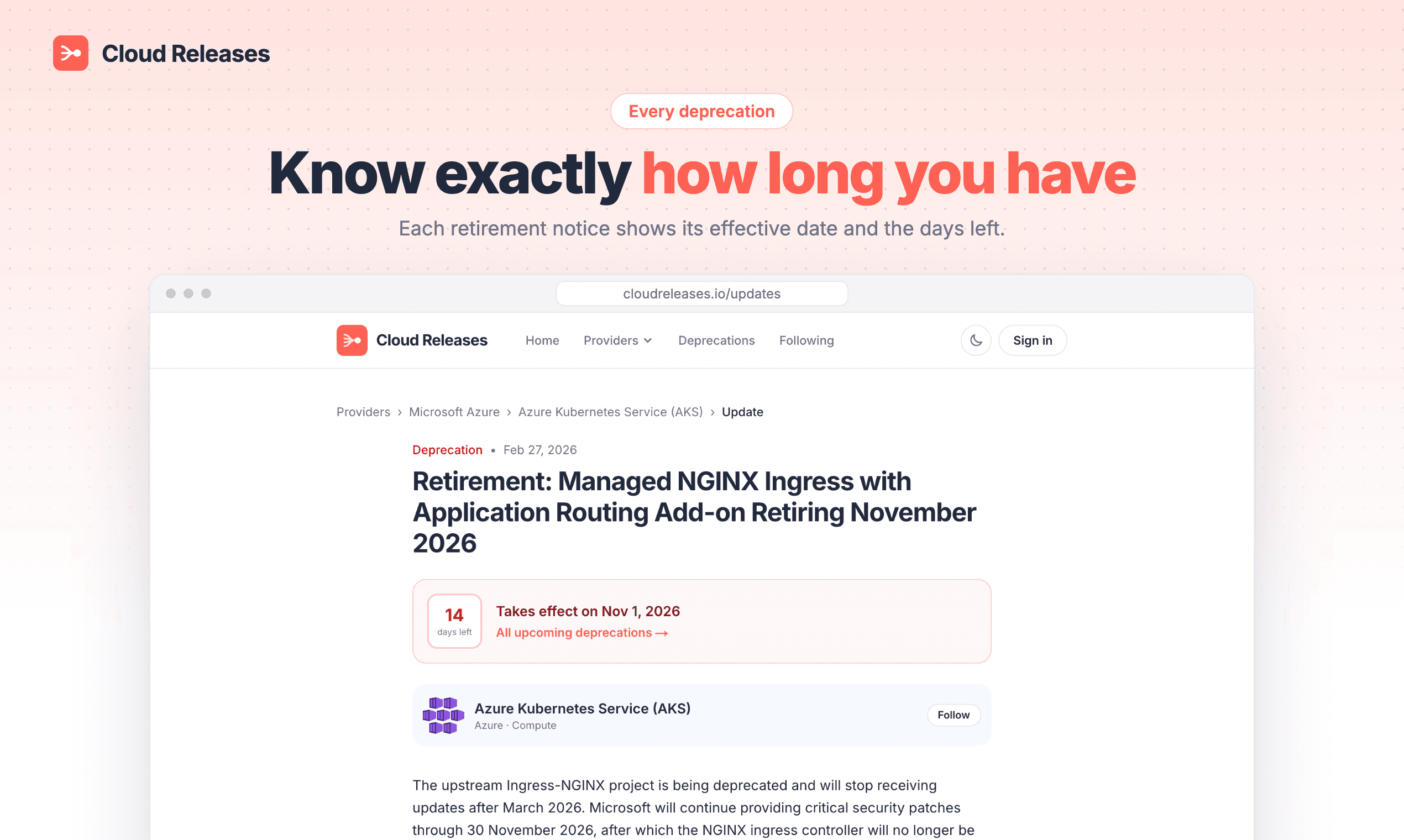 A deprecation's page, showing 14 days left until it takes effect