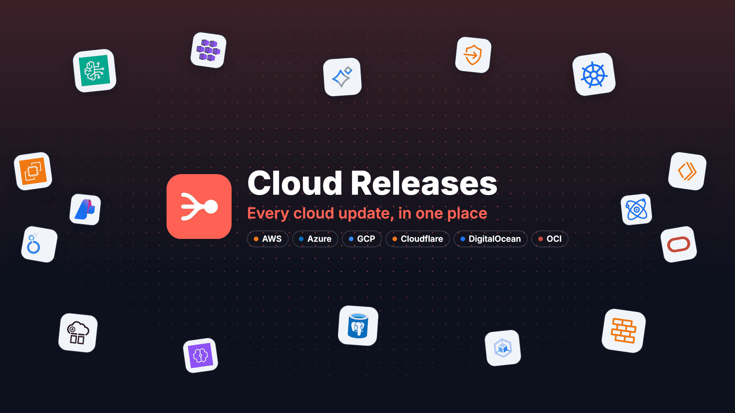 The Cloud Releases YouTube channel banner: the logo, "Every cloud update, in one place" and the six providers